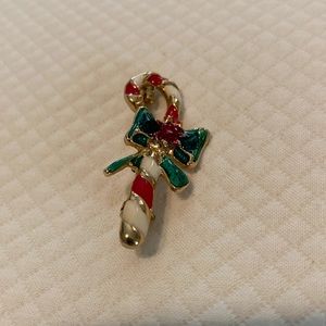 Candy Cane Vintage Gold Holiday Christmas Pin Brooch Green Bow